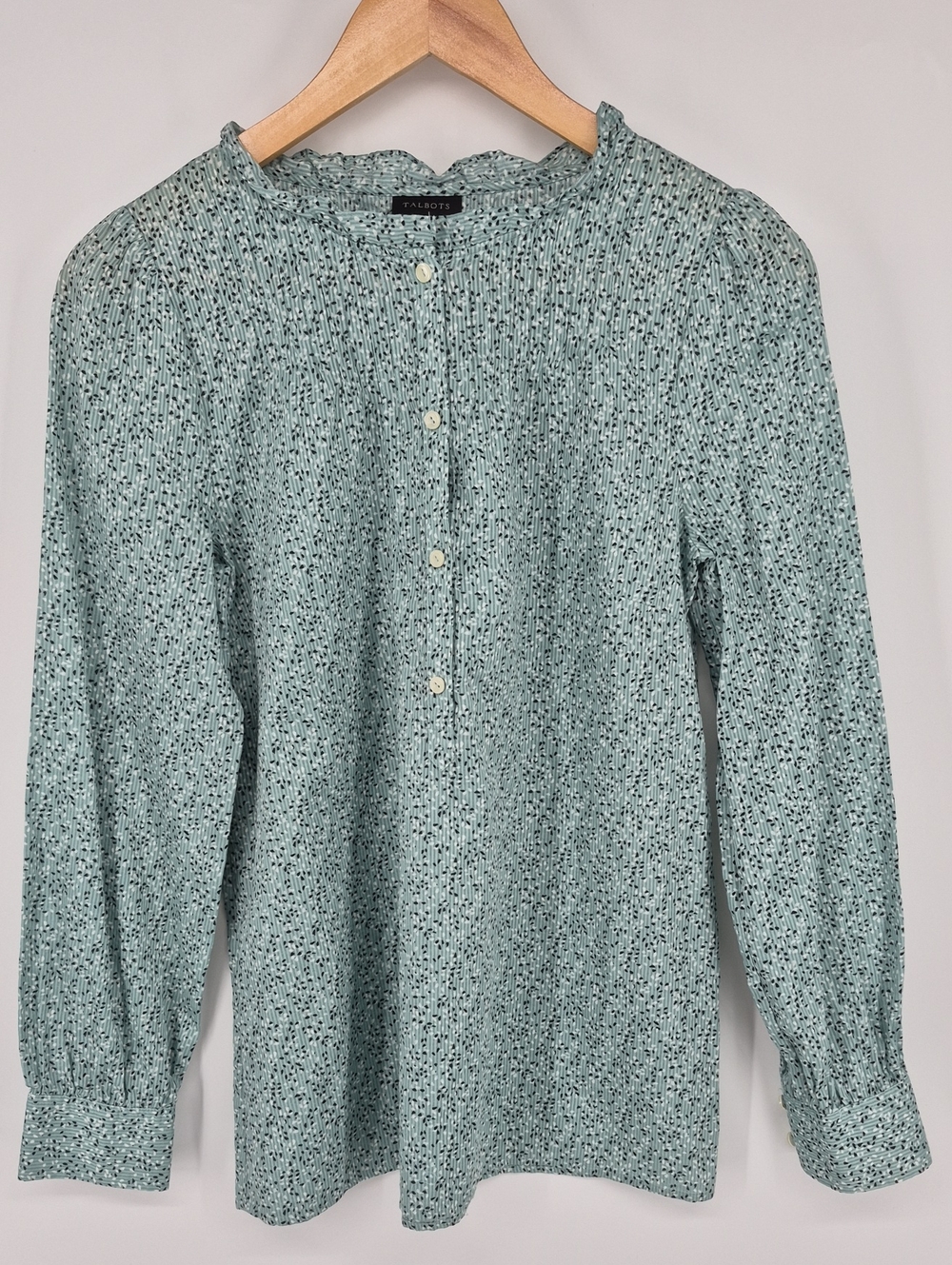 TALBOTS Long Sleeve Blouse Ruffle Neck 1/2 Button 100% Cotton Women's Size XS